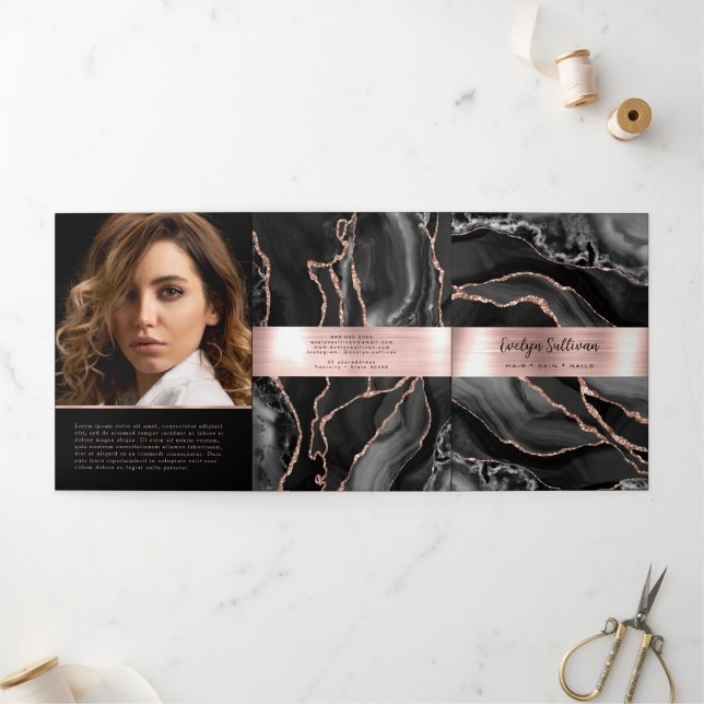 Elegant Black and Rose Gold Agate Trifold Brochure (Outside)