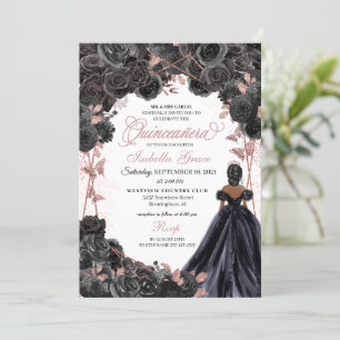 Elegant Black and Rose Gold Floral Quinceanera Inv Invitation