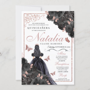 Elegant Black and Rose Gold Floral Quinceanera Invitation