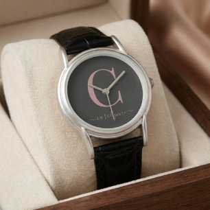 Elegant Black and Rose Gold Monogram Calligraphy Watch