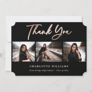 Elegant Black and Rose Gold Photo Graduation Thank You Card