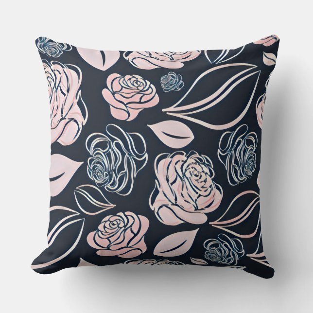 Elegant Black and Rose Gold Roses and Leaves Cushion (Front)