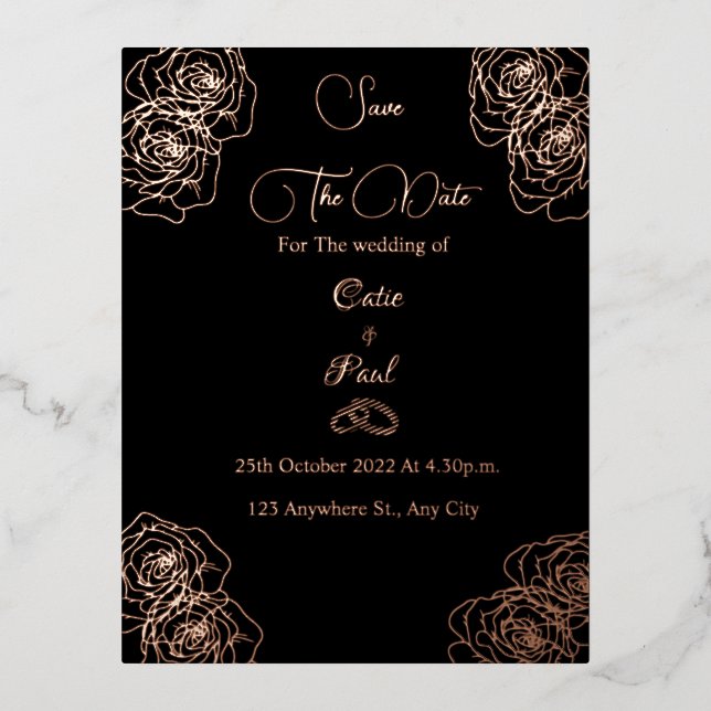 Elegant black and rose gold Save the date Foil Invitation Postcard (Front)
