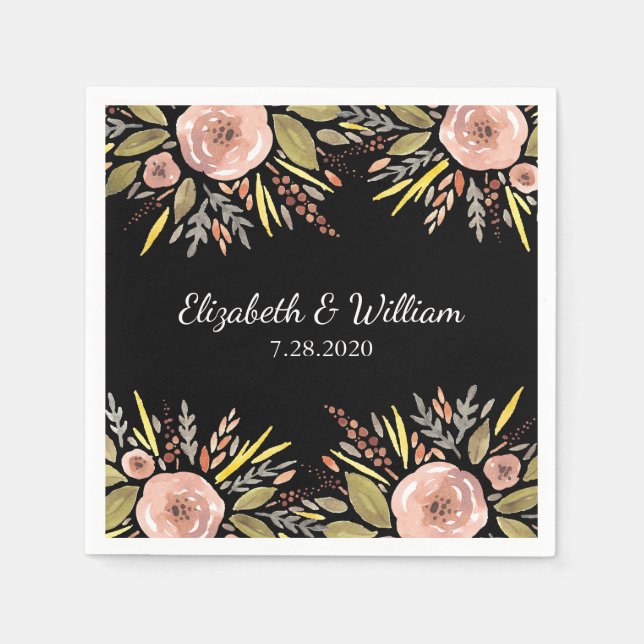 Elegant Black and Rose Watercolor Floral Wedding Napkin (Front)