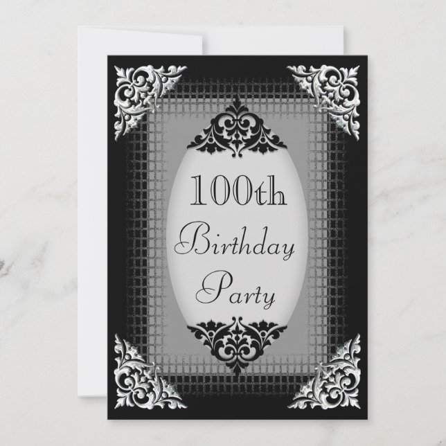 Elegant Black and Silver 100th Birthday Invitation (Front)