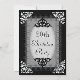 Elegant Black and Silver 20th Birthday Invitation