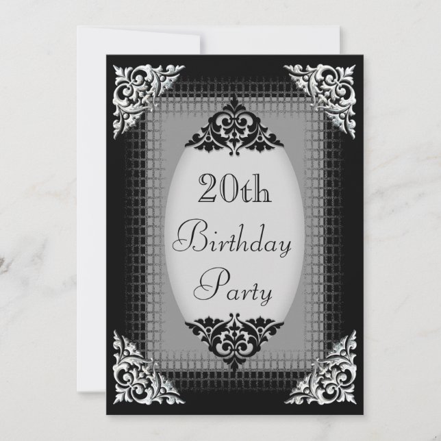 Elegant Black and Silver 20th Birthday Invitation (Front)