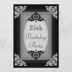 Elegant Black and Silver 25th Birthday Invitation