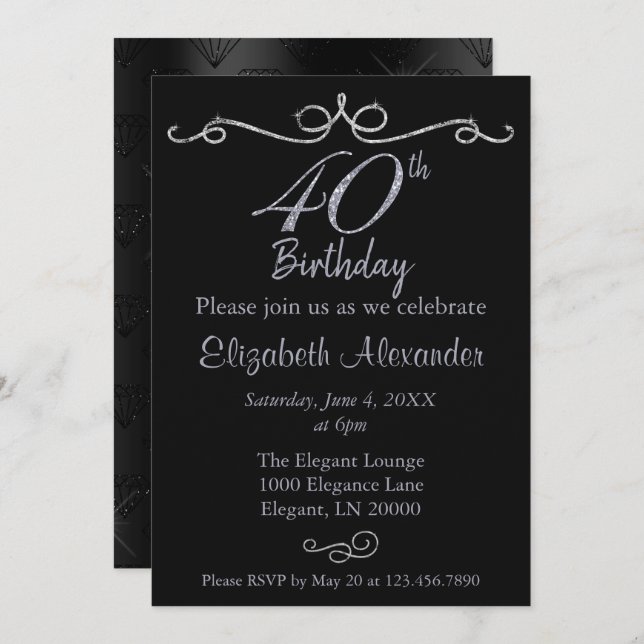 Elegant Black and Silver 40th Birthday  Invitation (Front/Back)