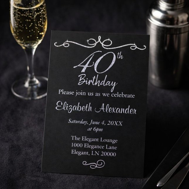 Elegant Black and Silver 40th Birthday  Invitation (Creator Uploaded)
