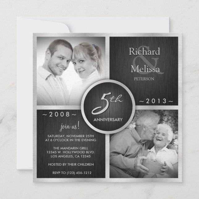 Elegant Black and Silver 5th Wedding Anniversary Invitation (Front)