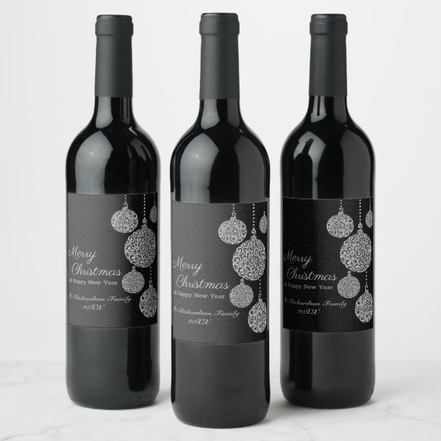 Elegant Black and Silver Christmas Design Wine Label (Bottles)