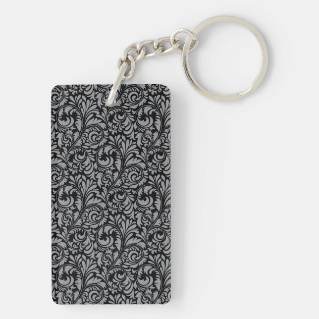 Elegant Black and Silver Damask Floral Pattern Key Ring (Back)