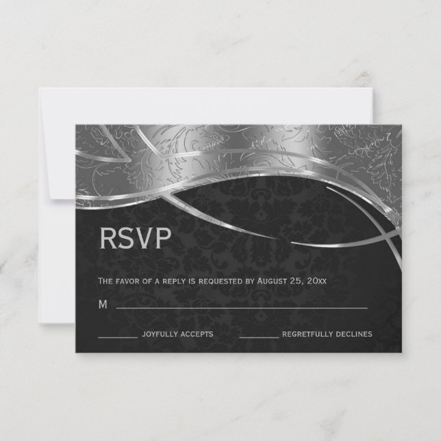 Elegant Black And Silver Damask RSVP Card (Front)