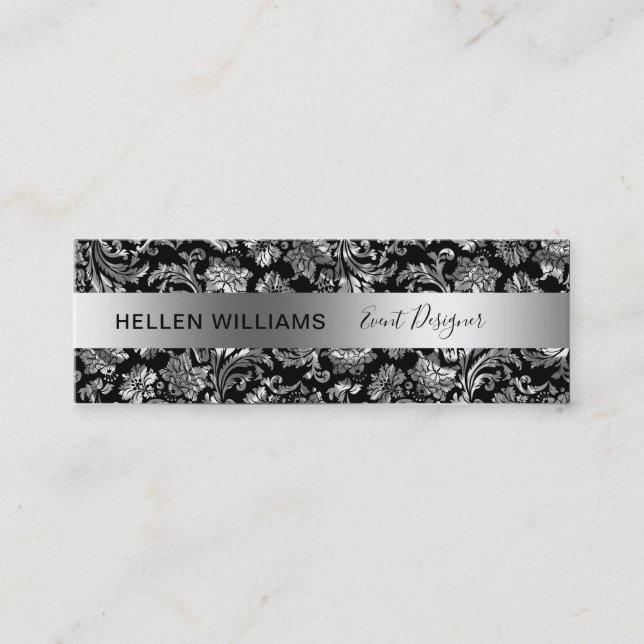 Elegant Black And Silver Damasks Mini Business Card (Front)