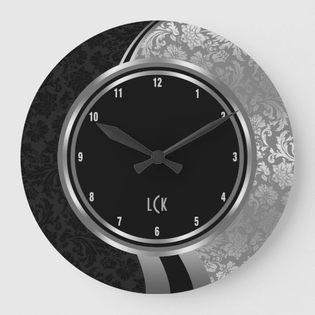 Elegant Black And Silver Damasks Silver Frame Large Clock (Front)