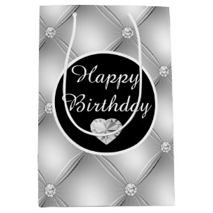 Elegant Black and Silver Diamond Tufted Birthday Medium Gift Bag