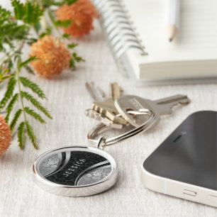 Elegant Black And Silver Floral Damasks Key Ring