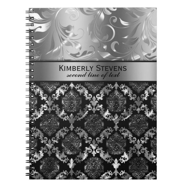 Elegant Black And Silver Floral Damasks Lace Spiral Notebook (Front)