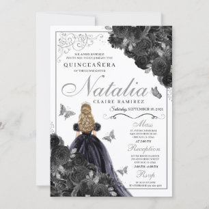 Elegant Black and Silver Floral Quinceanera Invita Invitation