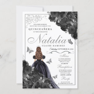 Elegant Black and Silver Floral Quinceanera Invita Invitation