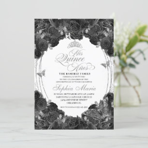 Elegant Black and Silver Floral Quinceanera Invitation