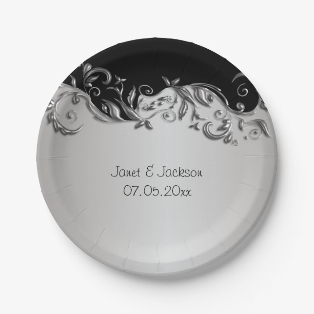 Elegant Black and Silver Floral Wedding Design Paper Plate (Front)