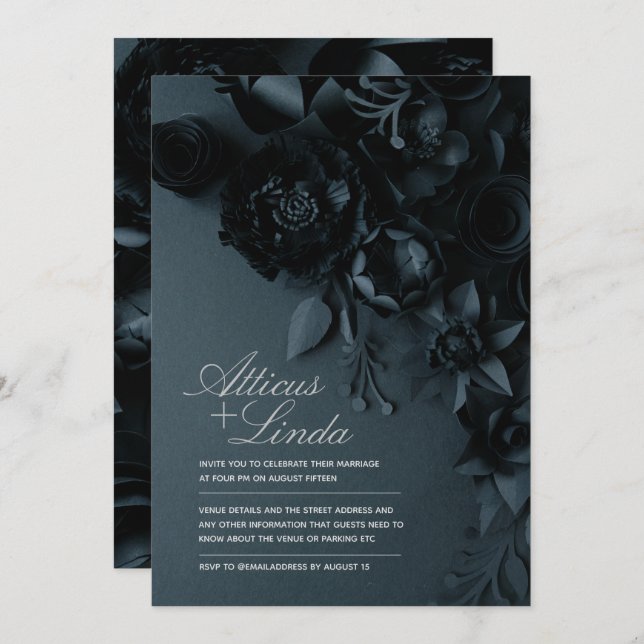 Elegant Black and Silver Floral Wedding Invitation (Front/Back)