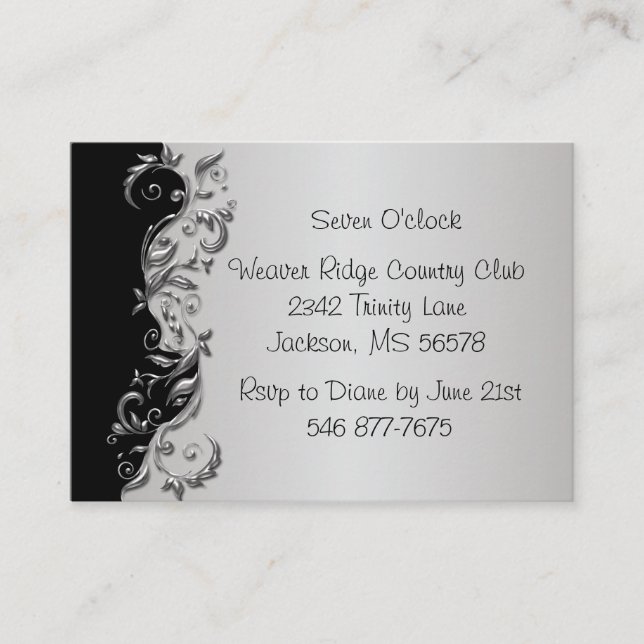Elegant Black and Silver Floral Wedding Reception Enclosure Card (Front)