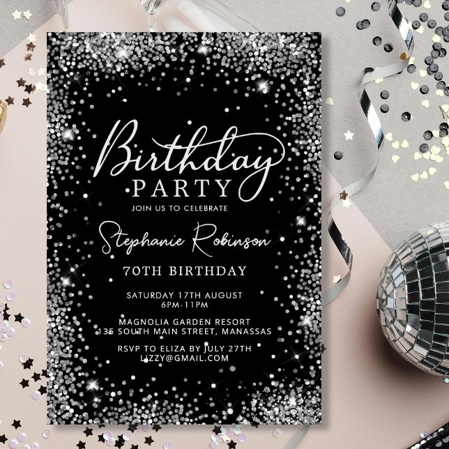Elegant Black and Silver Glitter 70th Birthday  Invitation (Creator Uploaded)