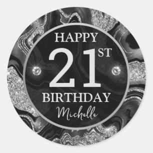 Elegant Black and Silver Glitter Agate Birthday Classic Round Sticker