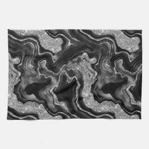 Elegant Black and Silver Glitter Agate Pattern Tea Towel