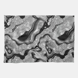 Elegant Black and Silver Glitter Agate Pattern Tea Towel