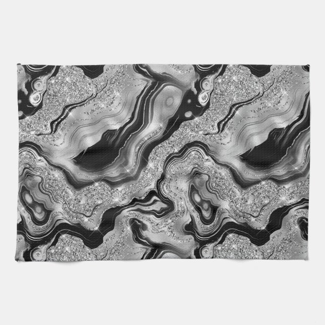 Elegant Black and Silver Glitter Agate Pattern Tea Towel (Horizontal)