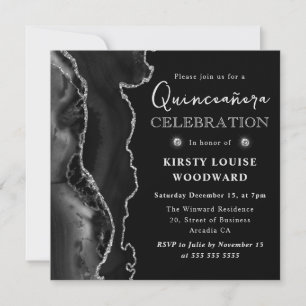 Elegant Black and Silver Glitter Agate Quinceanera Invitation