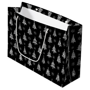 Elegant Black and Silver Glitter Christmas Trees Large Gift Bag