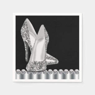 Elegant Black and Silver Glitter High Heel Shoe Napkin