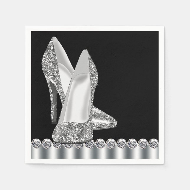 Elegant Black and Silver Glitter High Heel Shoe Napkin (Front)