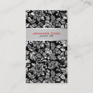 Elegant Black And Silver Grey Floral Damasks 2 Business Card