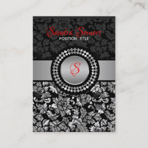Elegant Black And Silver Grey Floral Damasks Business Card