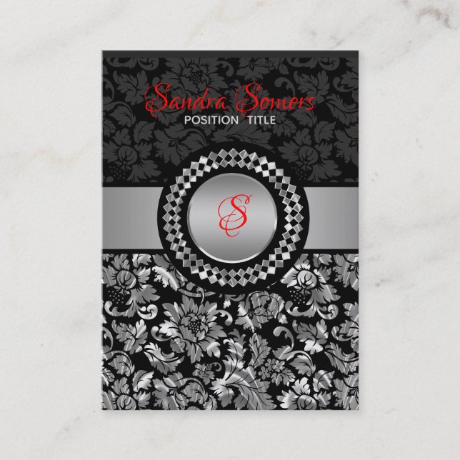 Elegant Black And Silver Grey Floral Damasks Business Card (Front)