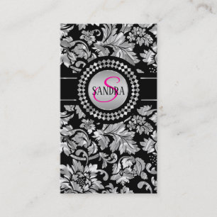 Elegant Black And Silver Grey Floral Damasks Business Card
