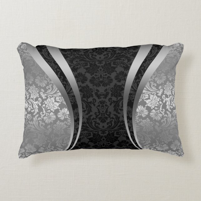 Elegant Black And Silver Grey Floral Damasks Decorative Cushion (Front)