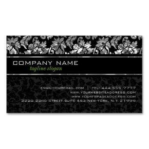 Elegant Black And Silver Grey Floral Damasks Magnetic Business Card