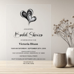 Elegant Black and Silver Hearts Bridal Shower Acrylic Invitations