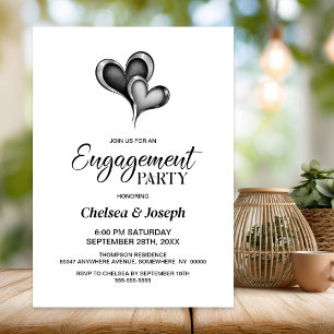 Elegant Black and Silver Hearts Engagement Party Invitation