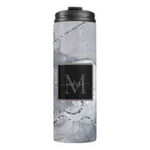 Elegant Black and Silver Monogram Name Thermal Tumbler