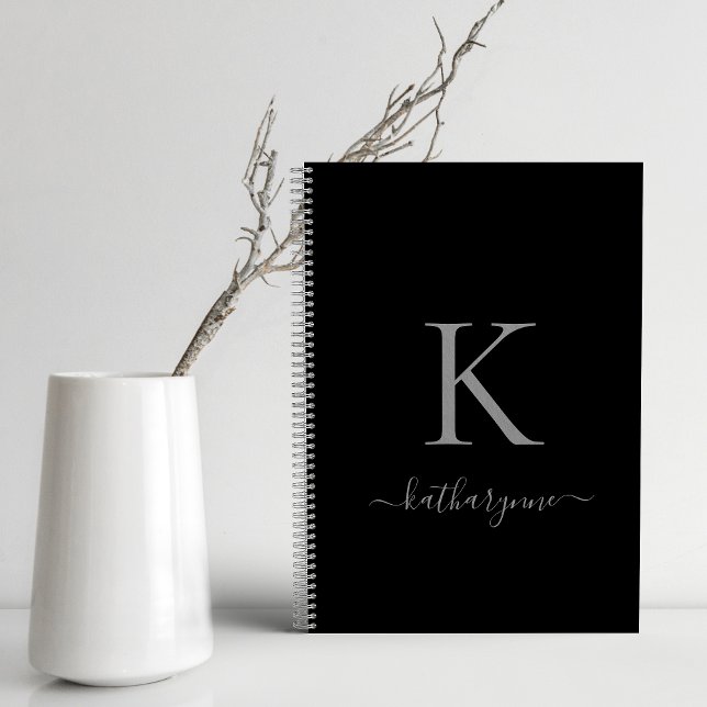 Elegant Black and Silver Monogram Script Name Notebook (Creator Uploaded)