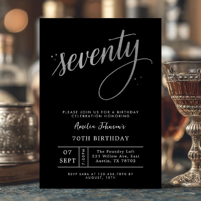 Elegant Black and Silver Seventieth 70th Birthday Invitation (Seventy and shining ✨ Celebrate your milestone with this elegant black and silver invite.)