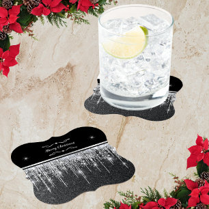 Elegant Black and Silver Sparkling Merry Christmas Paper Coaster